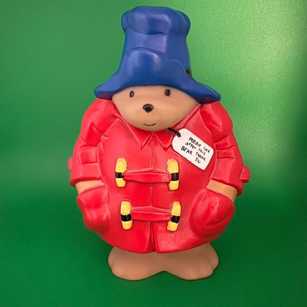 Vtg Paddington Bear Vinyl Plastic Coin Bank Piggy Bank w Stopper Red Coat - 7.5"